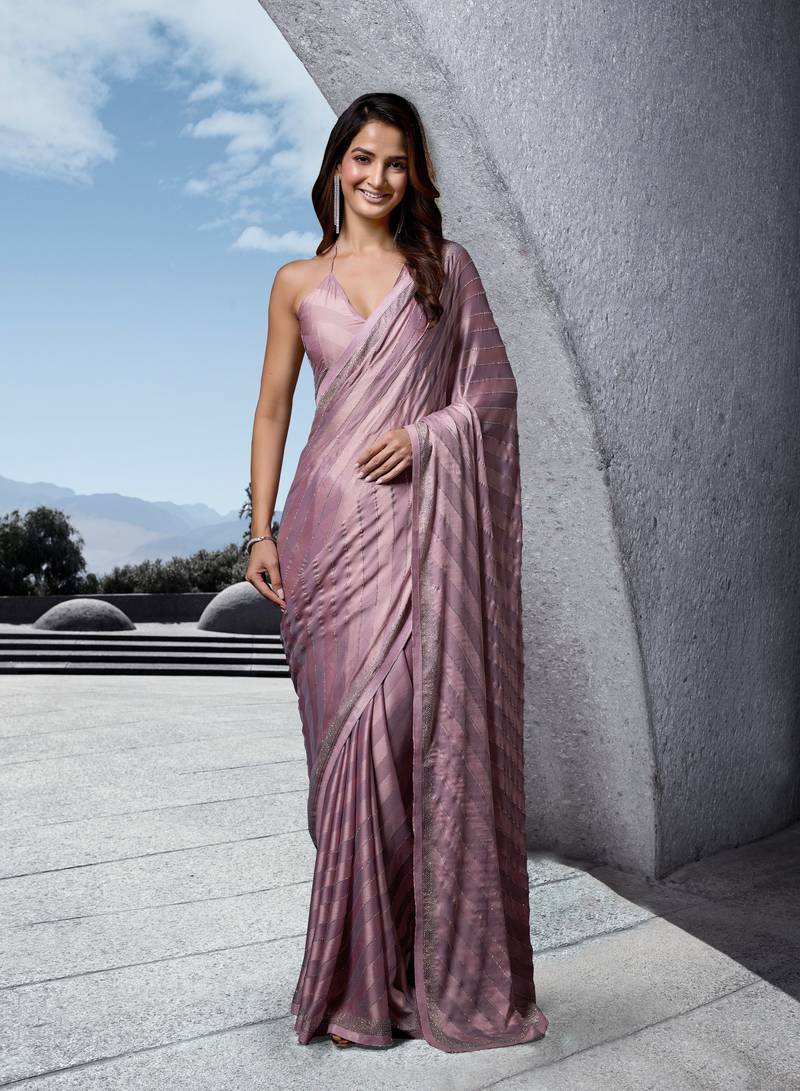 Pink Swarovski Embroidery Work Satin Silk Saree for Women 