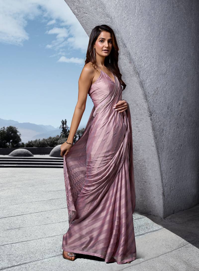 Pink Swarovski Embroidery Work Satin Silk Saree for Women 