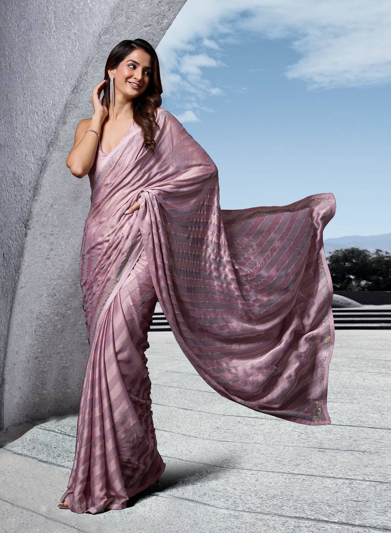 Pink Swarovski Embroidery Work Satin Silk Saree for Women 