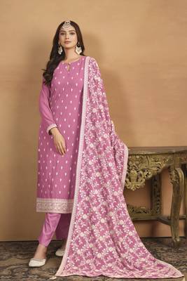 Pink colour heavy designer thread embroidery work faux georgette fabric partywear salwar kameez 1