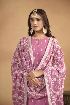 Pink colour heavy designer thread embroidery work faux georgette fabric partywear salwar kameez 2