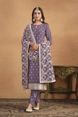 Voilet colour heavy thread embroidery work faux georgette fabric partywear salwar kameez 1
