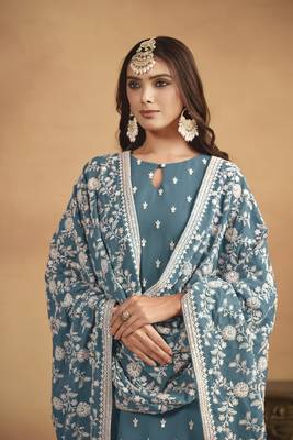 Blue colour heavy designer thread embroidery work faux georgette fabric partywear salwar kameez 2