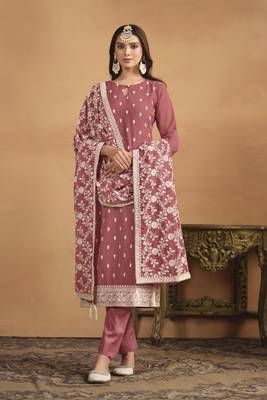 Salmon colour heavy designer thread embroidery work faux georgette fabric partywear salwar kameez 1