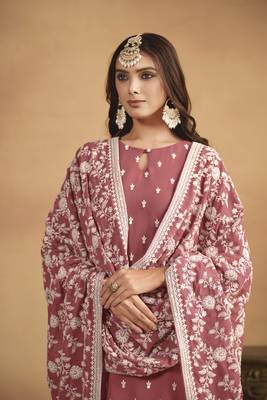 Salmon colour heavy designer thread embroidery work faux georgette fabric partywear salwar kameez 2