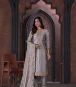 Amazingly elegant grey colour heavy embroidered chinon fabric salwar kameez