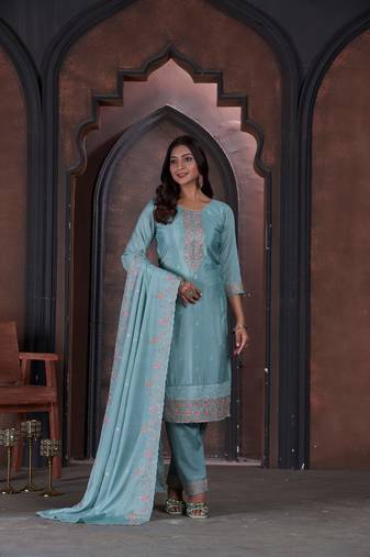 Amazingly elegant sea green colour heavy embroidered chinon fabric salwar kameez