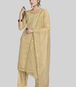 Beige colour designer embroidery work chanderi silk fabric salwar kameez