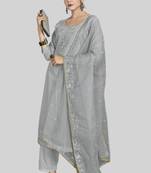 Grey colour designer embroidery work chanderi silk fabric salwar kameez