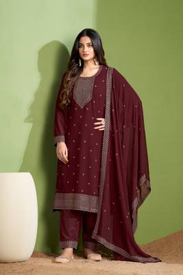 Partywear maroon colour heavy embroidered georgette suit for trendy looks 1
