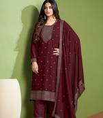 Partywear maroon colour heavy embroidered georgette suit for trendy looks