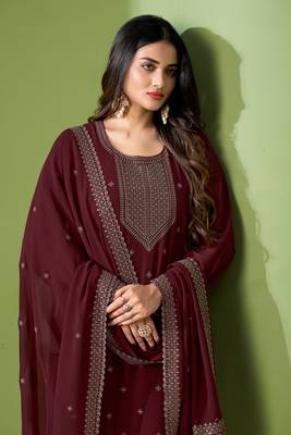 Partywear maroon colour heavy embroidered georgette suit for trendy looks 2