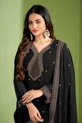 Partywear black colour heavy embroidered georgette suit for trendy looks 2