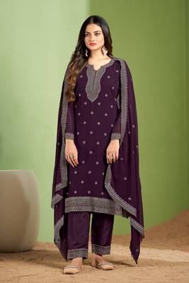 Partywear wine colour heavy embroidered georgette suit for trendy looks 1