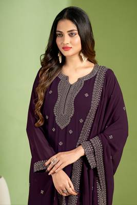 Partywear wine colour heavy embroidered georgette suit for trendy looks 2