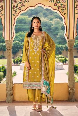 Heavy embroidery work yellow colour ethnic partywear salwar suit 1