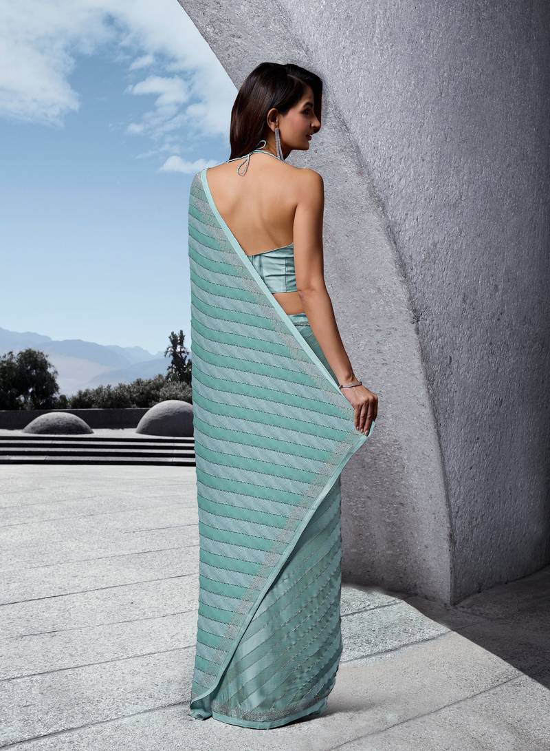 Trendmalls Turquoise Sirowaski Work with Satin Silk Leheriya Saree for Women or Unstitched Blouse Piece