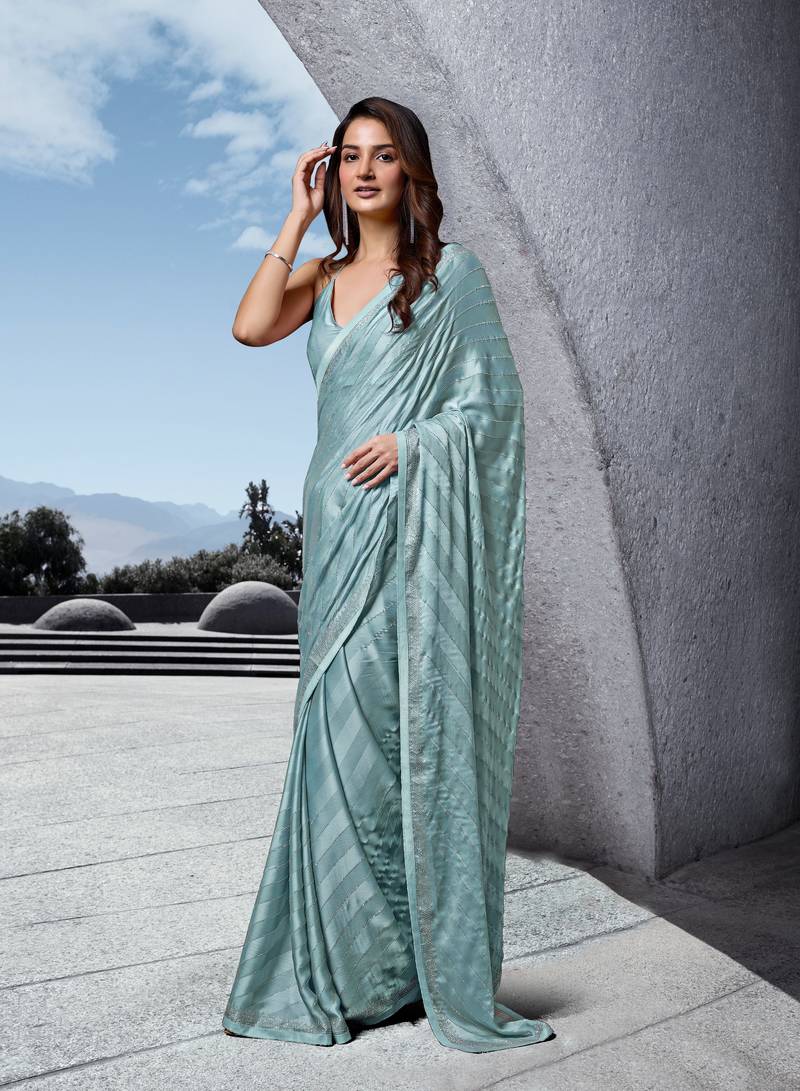 Trendmalls Turquoise Sirowaski Work with Satin Silk Leheriya Saree for Women or Unstitched Blouse Piece