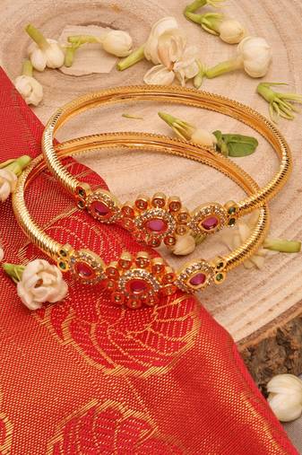 Gold Plated Bangles Set with Pink Stone