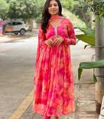 Multicolor Georgette Anarkali Kurta, Pant and Dupatta Set With Digital Print