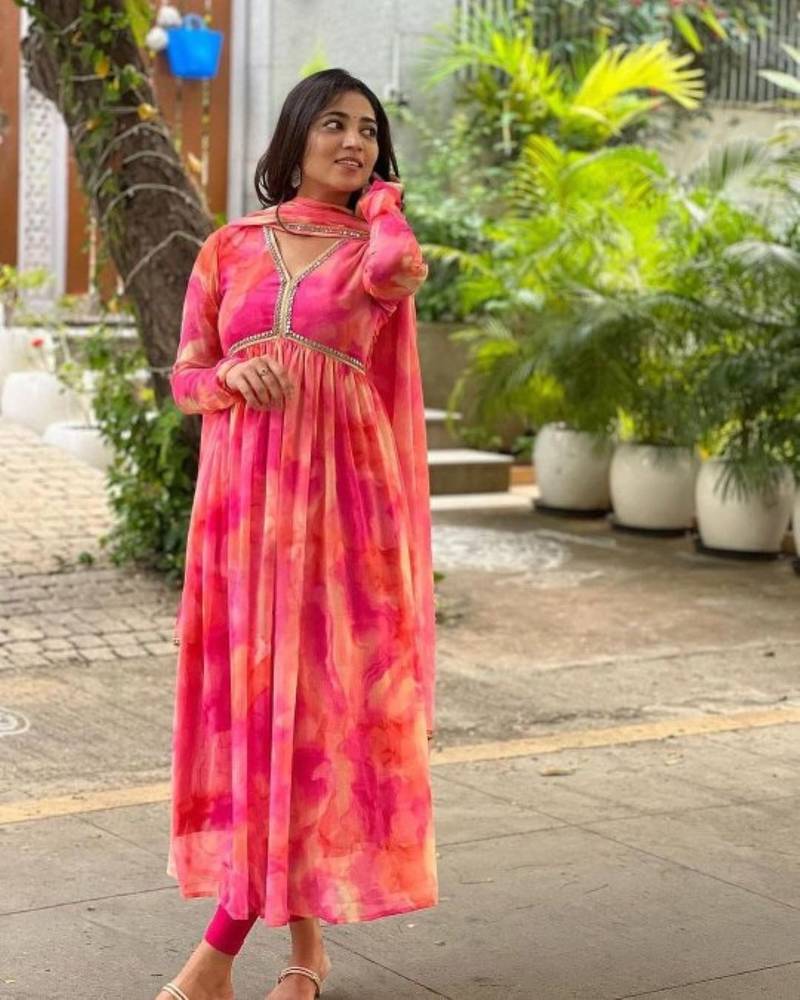 Multicolor Georgette Anarkali Kurta, Pant and Dupatta Set With Digital Print