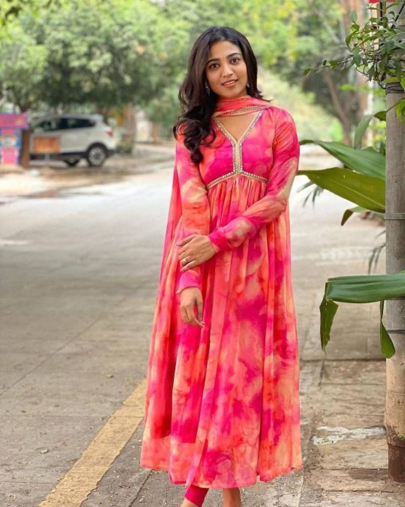 Multicolor Georgette Anarkali Kurta, Pant and Dupatta Set With Digital Print