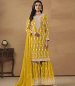 YELLOW GEORGETTE STRAIGHT EMBROIDERED SHARARA SALWAR KAMEEZ