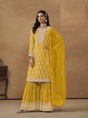 YELLOW GEORGETTE STRAIGHT EMBROIDERED SHARARA SALWAR KAMEEZ 2