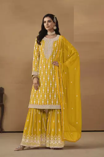YELLOW GEORGETTE STRAIGHT EMBROIDERED SHARARA SALWAR KAMEEZ