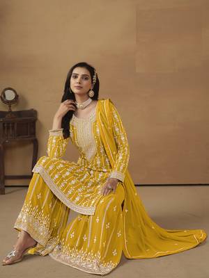 YELLOW GEORGETTE STRAIGHT EMBROIDERED SHARARA SALWAR KAMEEZ 3