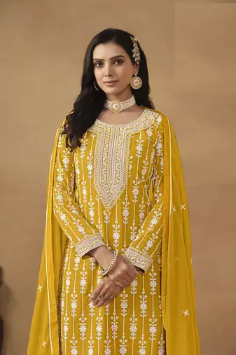 YELLOW GEORGETTE STRAIGHT EMBROIDERED SHARARA SALWAR KAMEEZ