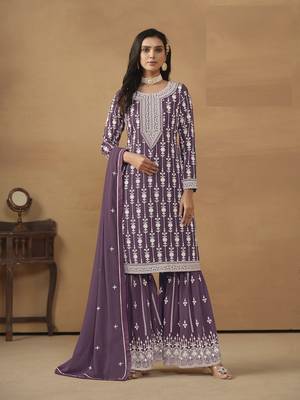 LAVENDER GEORGETTE STRAIGHT EMBROIDERED SHARARA SALWAR KAMEEZ 1