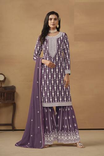 LAVENDER GEORGETTE STRAIGHT EMBROIDERED SHARARA SALWAR KAMEEZ
