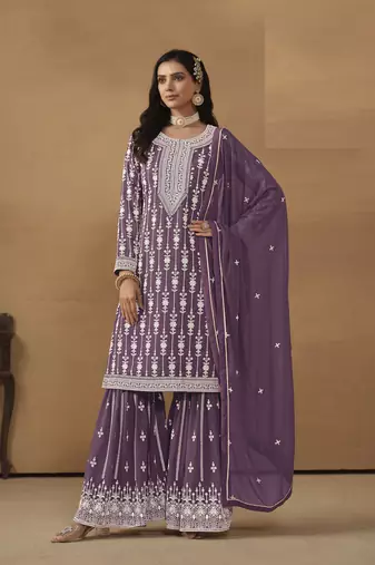 LAVENDER GEORGETTE STRAIGHT EMBROIDERED SHARARA SALWAR KAMEEZ