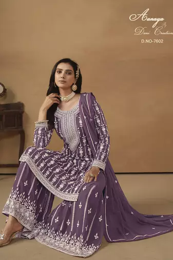 LAVENDER GEORGETTE STRAIGHT EMBROIDERED SHARARA SALWAR KAMEEZ