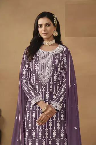 LAVENDER GEORGETTE STRAIGHT EMBROIDERED SHARARA SALWAR KAMEEZ