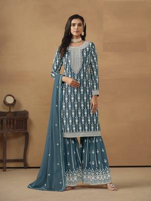 TEAL GEORGETTE STRAIGHT EMBROIDERED SHARARA SALWAR KAMEEZ 1
