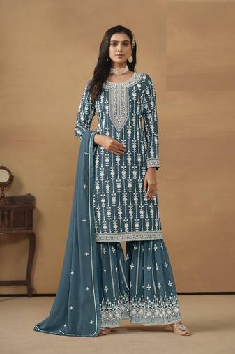 TEAL GEORGETTE STRAIGHT EMBROIDERED SHARARA SALWAR KAMEEZ