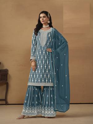 TEAL GEORGETTE STRAIGHT EMBROIDERED SHARARA SALWAR KAMEEZ 2