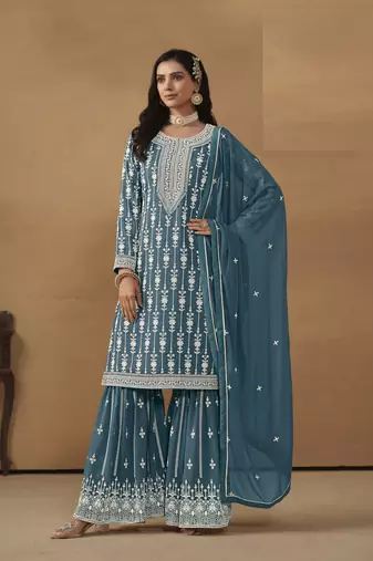 TEAL GEORGETTE STRAIGHT EMBROIDERED SHARARA SALWAR KAMEEZ