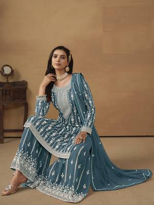TEAL GEORGETTE STRAIGHT EMBROIDERED SHARARA SALWAR KAMEEZ 3