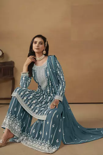 TEAL GEORGETTE STRAIGHT EMBROIDERED SHARARA SALWAR KAMEEZ
