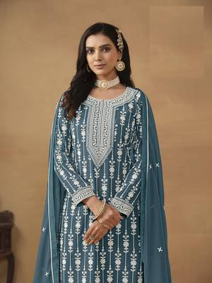 TEAL GEORGETTE STRAIGHT EMBROIDERED SHARARA SALWAR KAMEEZ 4