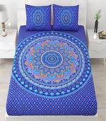 Blue floral printed cotton double bedsheet with 2 pillow cover (90x108inch)