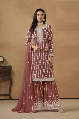 BROWN GEORGETTE STRAIGHT EMBROIDERED SHARARA SALWAR KAMEEZ