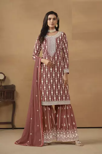 BROWN GEORGETTE STRAIGHT EMBROIDERED SHARARA SALWAR KAMEEZ