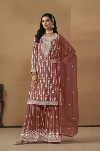 BROWN GEORGETTE STRAIGHT EMBROIDERED SHARARA SALWAR KAMEEZ