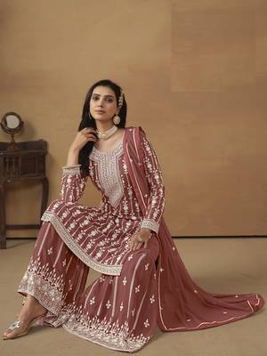 BROWN GEORGETTE STRAIGHT EMBROIDERED SHARARA SALWAR KAMEEZ 3