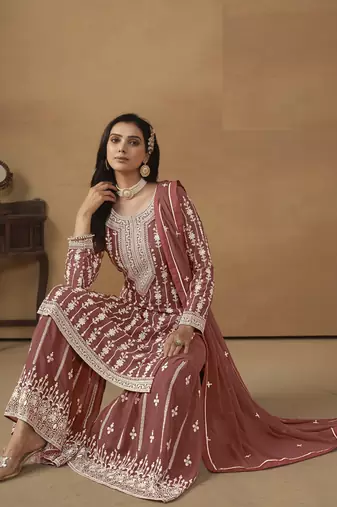 BROWN GEORGETTE STRAIGHT EMBROIDERED SHARARA SALWAR KAMEEZ