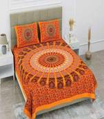 Orange floral printed cotton double bedsheet with 2 pillow cover (90x100inch)